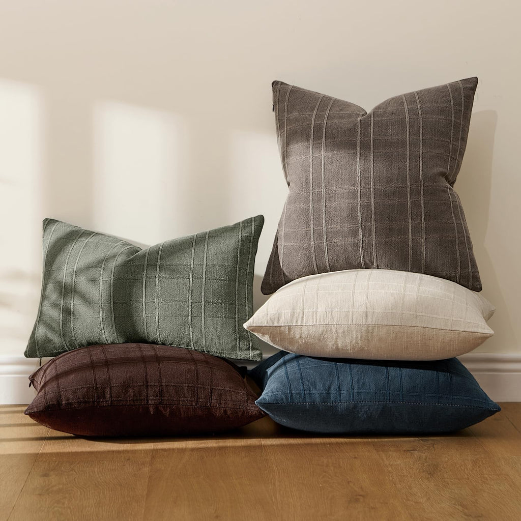 Miulee Decorative Linen Check Euro Shams Throw Pillow Covers Neutral Farmhouse Vintage Pillow Covers 24x24 Set of 2 Boho Modern Winter Home…