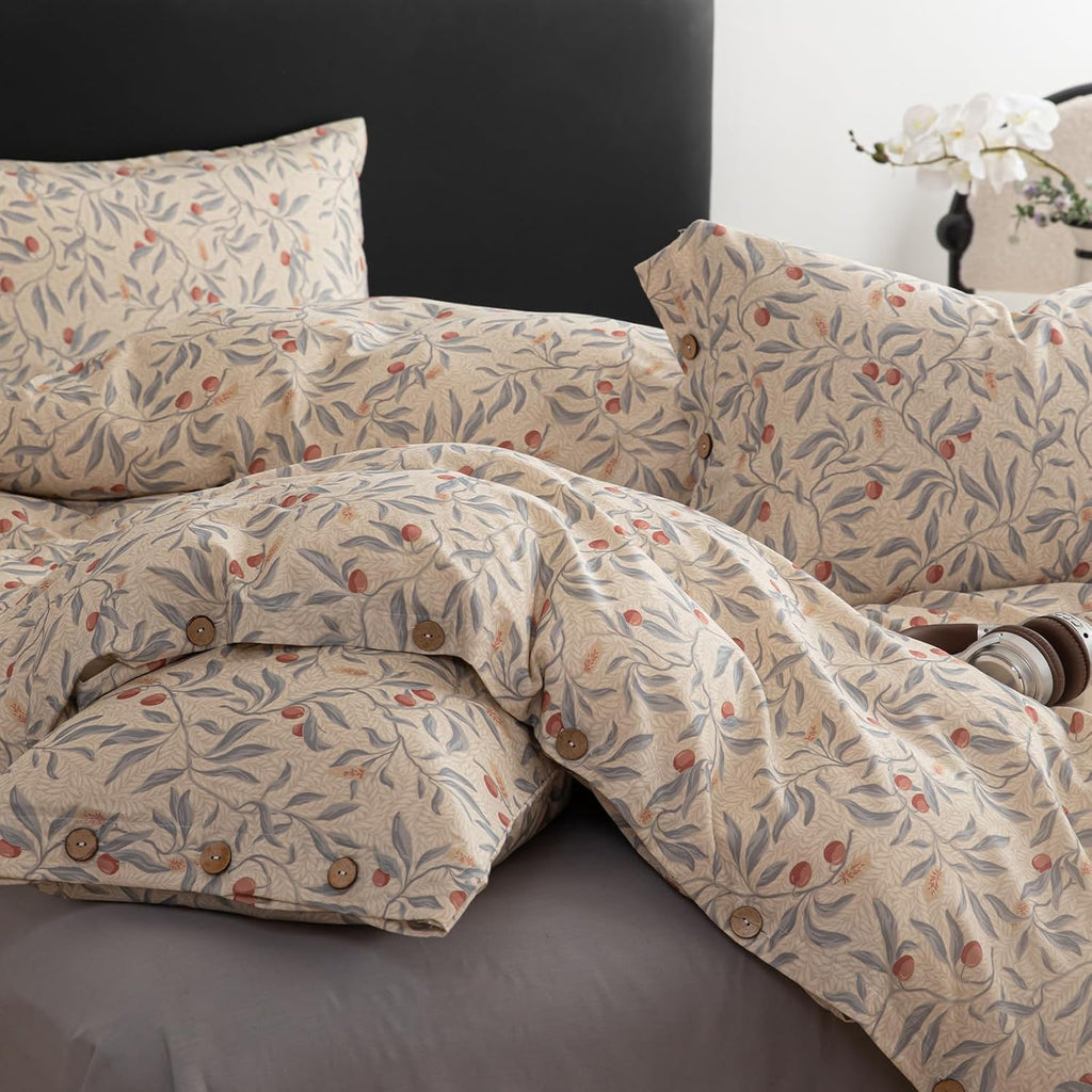 mixinni Cotton Linen Floral Duvet Cover Set, Vintage Botanical Print Comforter Cover with Wooden Buttons, Soft Breathable Blue Red Floral Bo…