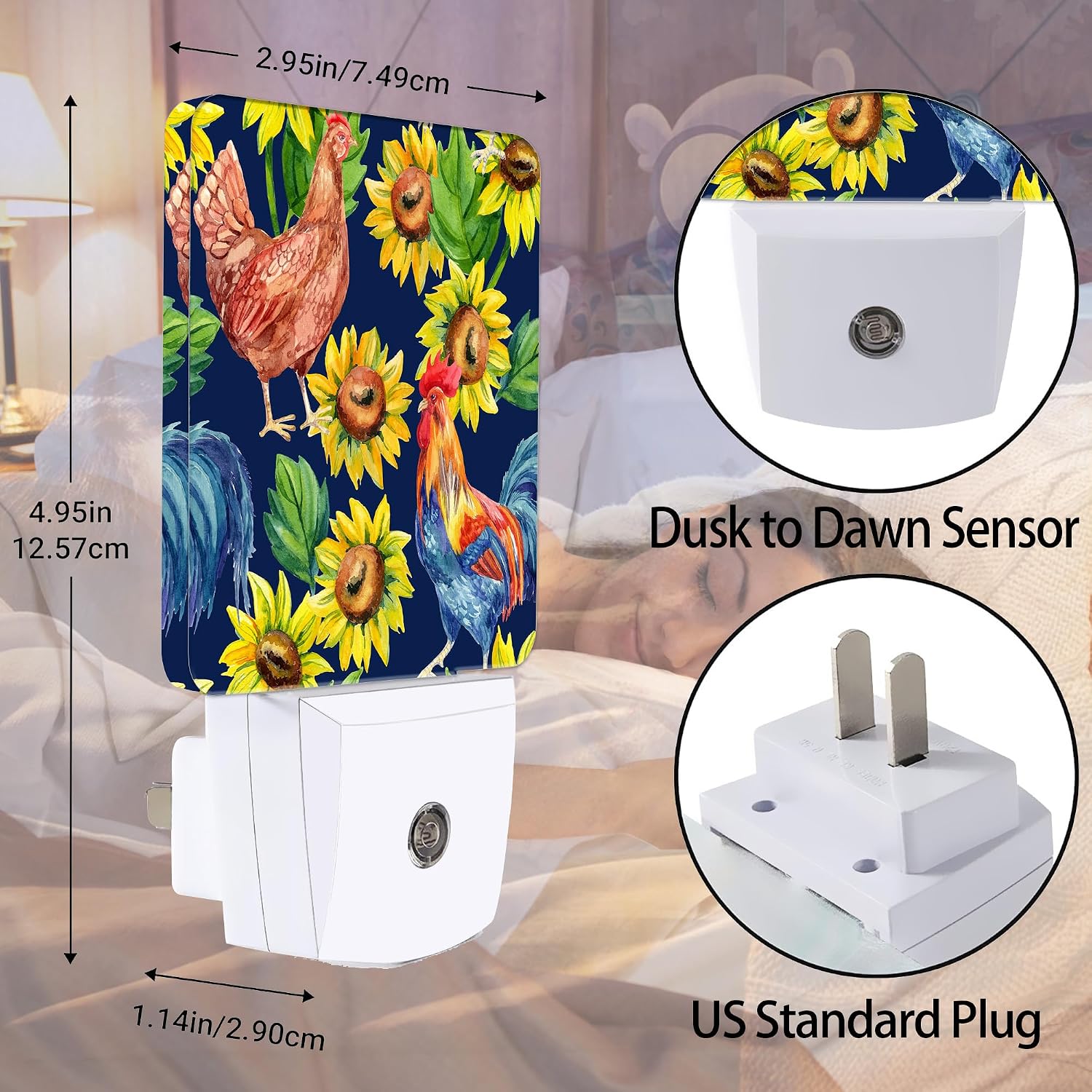 Retro Hen Rooster Night Light, Sunflowers Plug into Wall with Dusk to Dawn Light Sensors, Warm Nightlights for Bedroom, Bathroom…