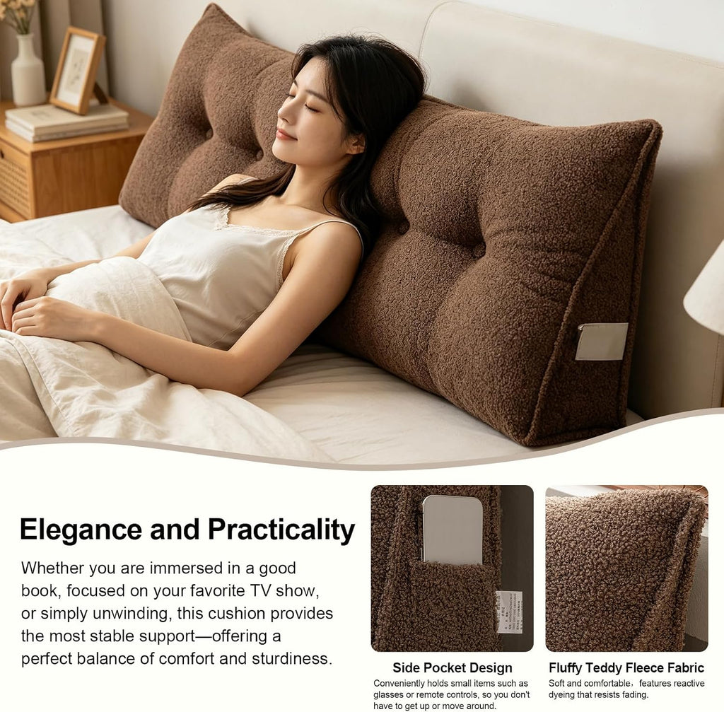 Headboard Pillow Wedge – Soft Teddy Velvet Reading Pillow for Bed, Backrest Cushion with Removable Cover & Side Pockets, Comfortable…