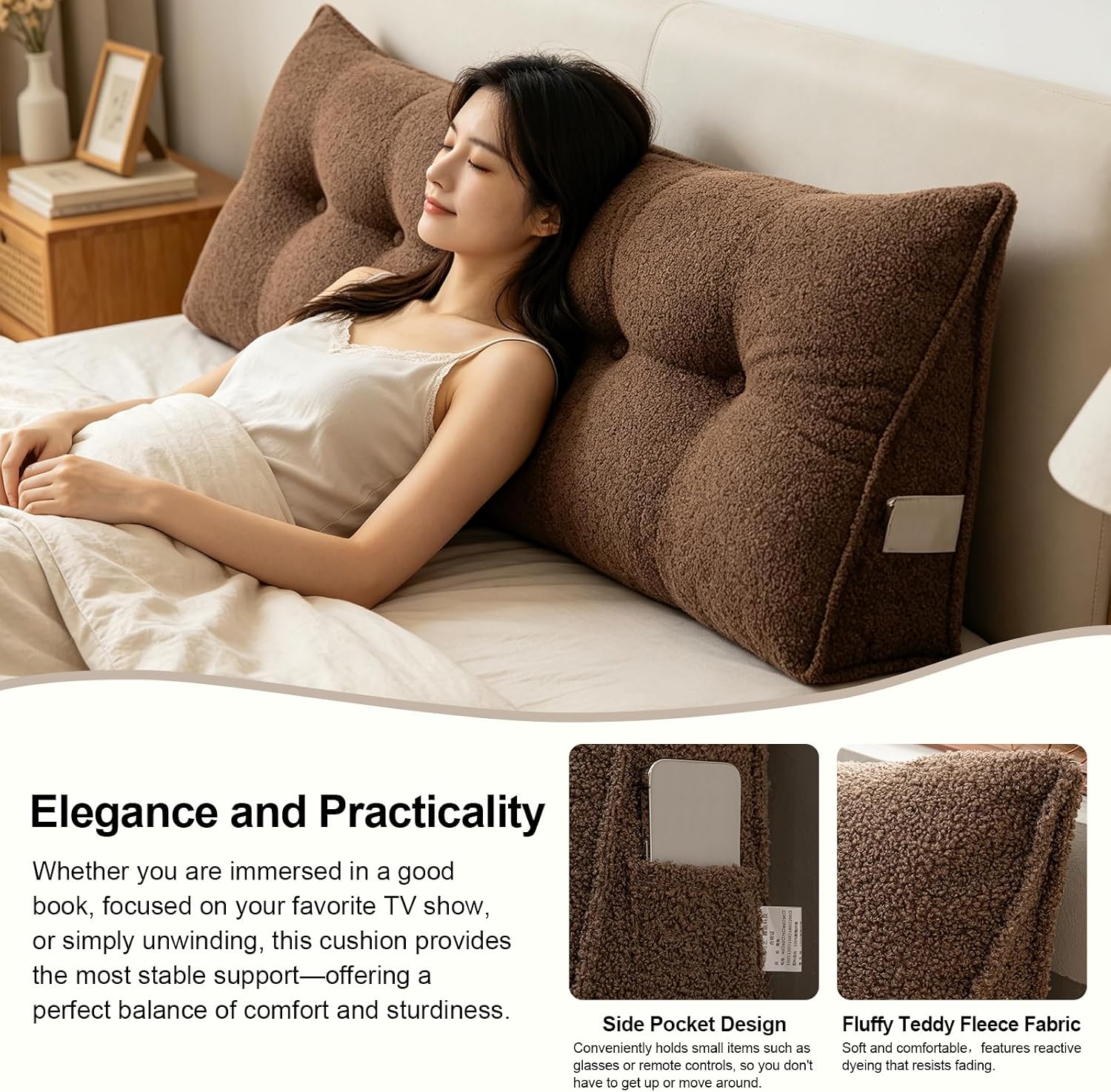 Headboard Pillow Wedge – Soft Teddy Velvet Reading Pillow for Bed, Backrest Cushion with Removable Cover & Side Pockets, Comfortable…