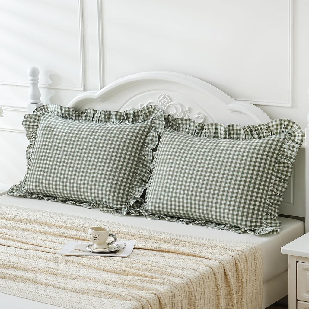 Qilunn 2 Pack Sage Green White Plaid Ruffle Pillow Shams Standard Size 20x26 inches, 100% Cotton Gingham Checkered Farmhouse Pillowcases fo…