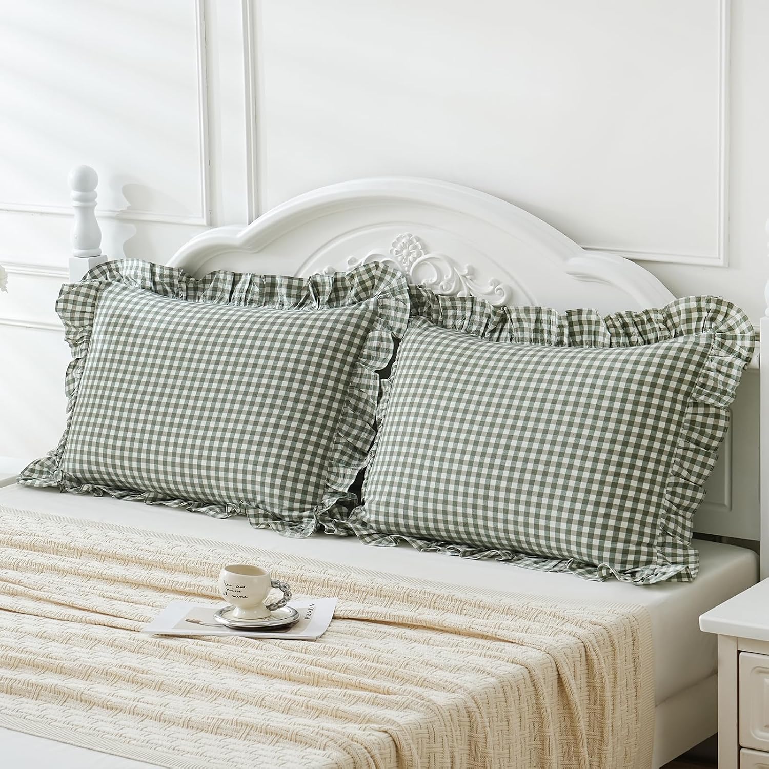 Qilunn 2 Pack Sage Green White Plaid Ruffle Pillow Shams Standard Size 20x26 inches, 100% Cotton Gingham Checkered Farmhouse Pillowcases fo…