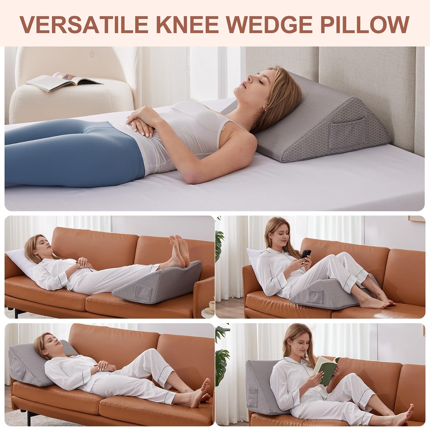 Bedluxe Knee Wedge Pillow, Memory Foam Leg Pillow Bed Wedge for Sleeping, Post Surgery Triangle Pillow for Knee Support, Leg Elevation, Hip…