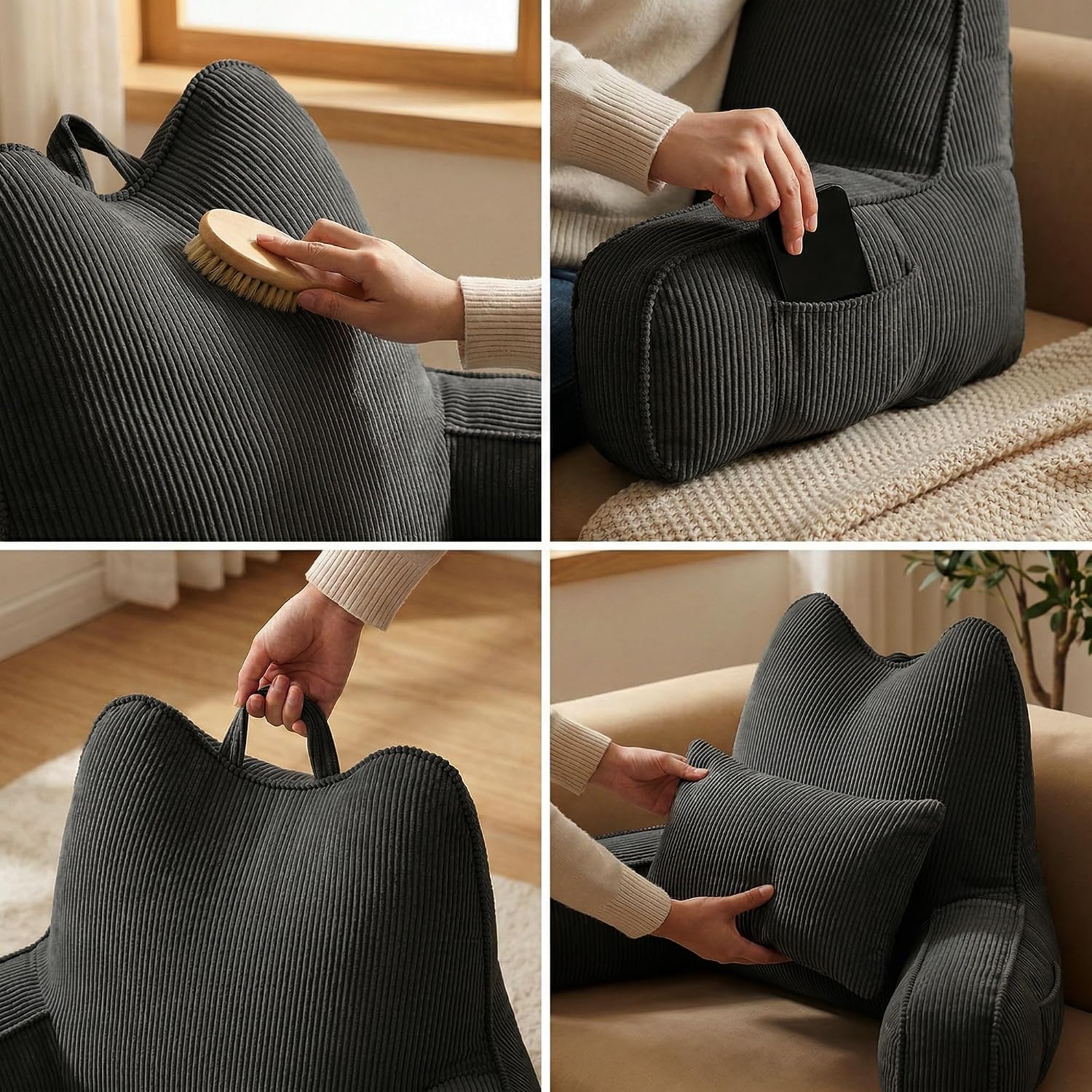 Ailuteie Patented Design Corduroy Bed Rest Pillow with Arms, Back Support Pillow for Sitting in Bed, Detachable Lumbar Support, Large Backr…