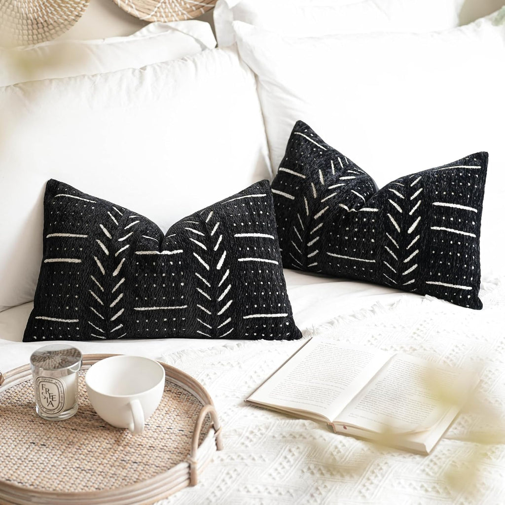 BlissBlush Black Decorative Lumbar Throw Pillow Covers 12X20, Set of 2, Boho Farmhouse Cushion Cover, Soft Accent Pillowcase for Couch…