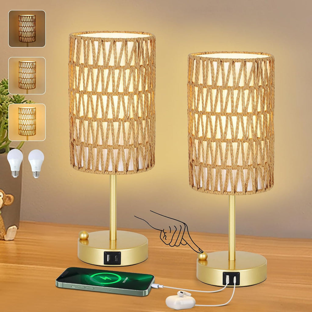 Gold Bedside Lamps Set of 2, Touch Control Night Stand Lamp for Bedroom with Rattan & Linen Shade & Bulbs, 3 Way Dimmable Small Boho…