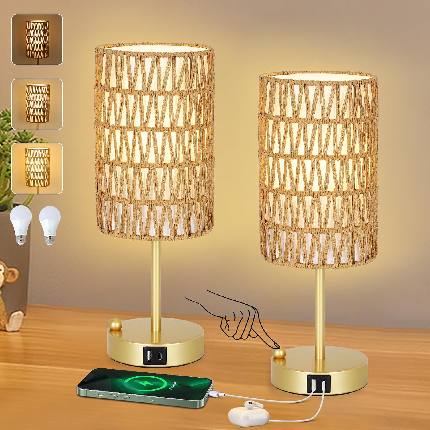 Gold Bedside Lamps Set of 2, Touch Control Night Stand Lamp for Bedroom with Rattan & Linen Shade & Bulbs, 3 Way Dimmable Small Boho…