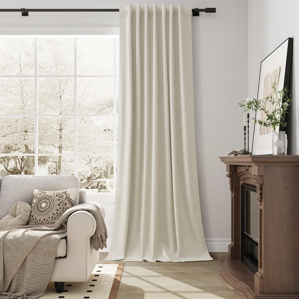 Guken Warm Beige 100% Blackout Linen Curtains for Living Room 120 Inches Long Back Tab Textured Black Out Thermal Insulated Privacy Curtain…