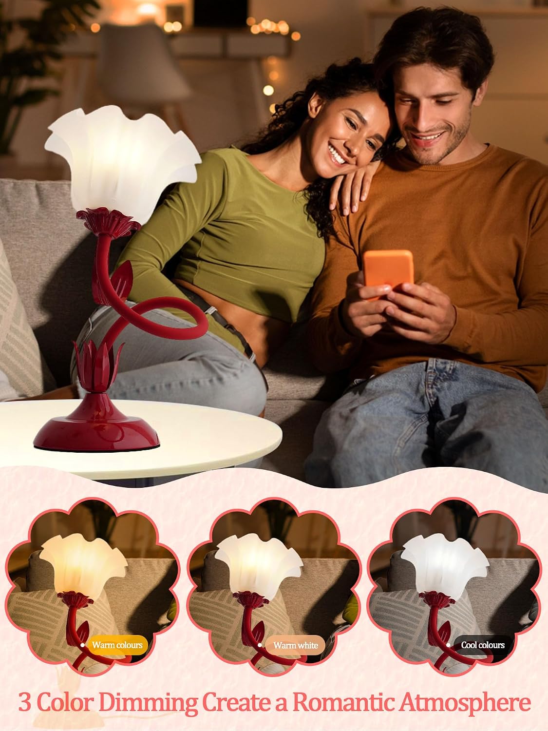 Aqdzcnf Flower Table Lamp, LED Reading Light Bedside Vintage Flower Night Light,3 Colors Modes Kawaii Bedside Lamps Decor, Living Room Bedroo…