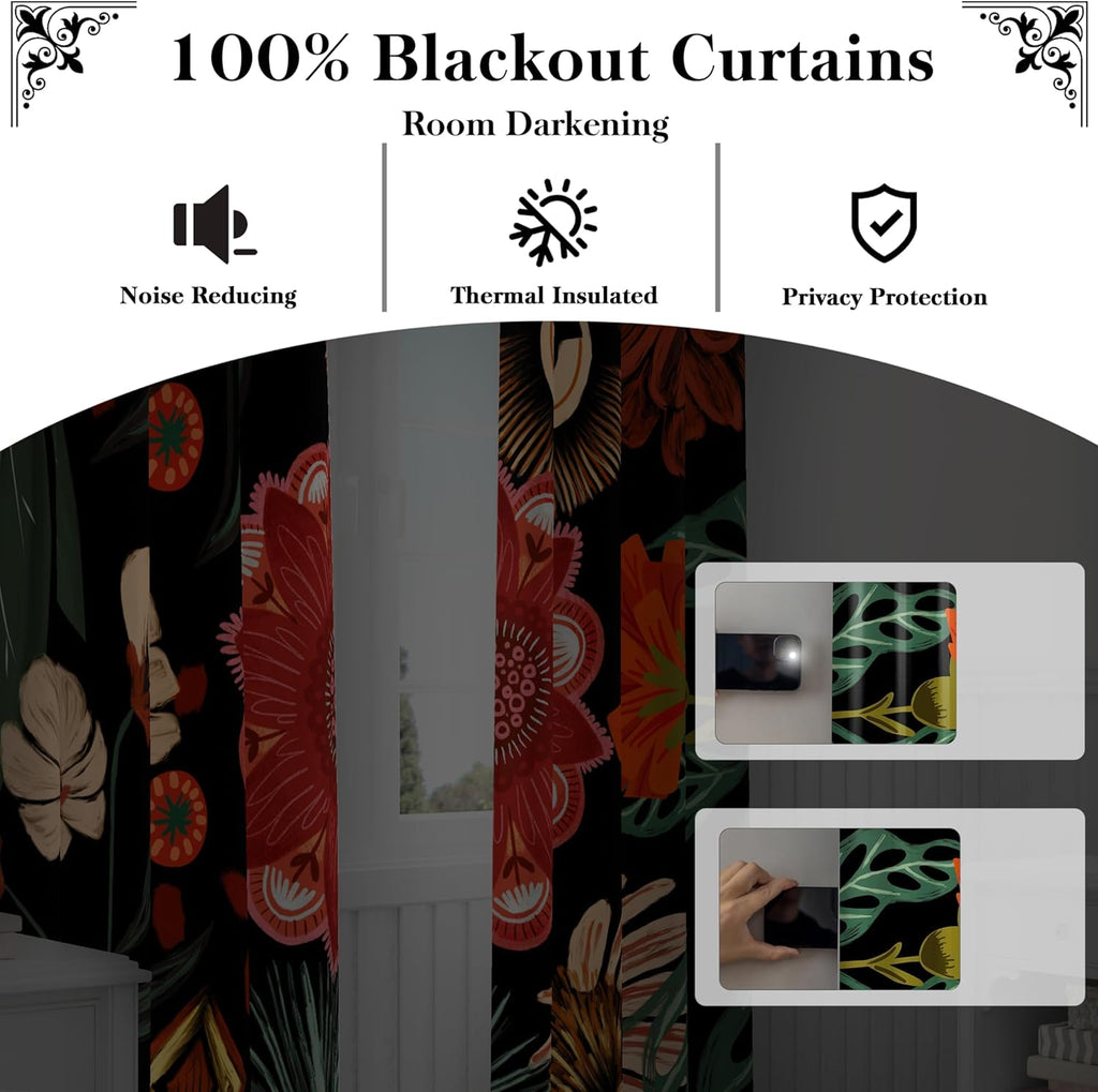 Tyrot Black Boho Floral 100% Blackout Curtains for Living Room 72 inch Long 2 Panels Mid Century Botanical Black Out Curtains for Bedroom…