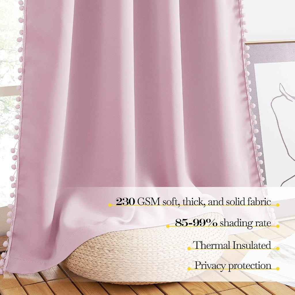 NICETOWN Pom Pom Blackout Curtains for Girls Bedroom Boho Pink Window Curtains for Nursery Rod Pocket Thermal Insulated Living Room…