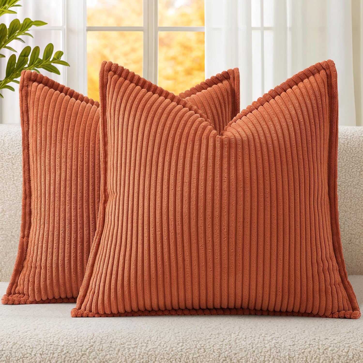 Mecatny Corduroy Summer Throw Pillow Covers 22x22 Set of 2, Neutral Decorative Soft Burnt Orange Boho Couch Pillow Covers with Broadside…
