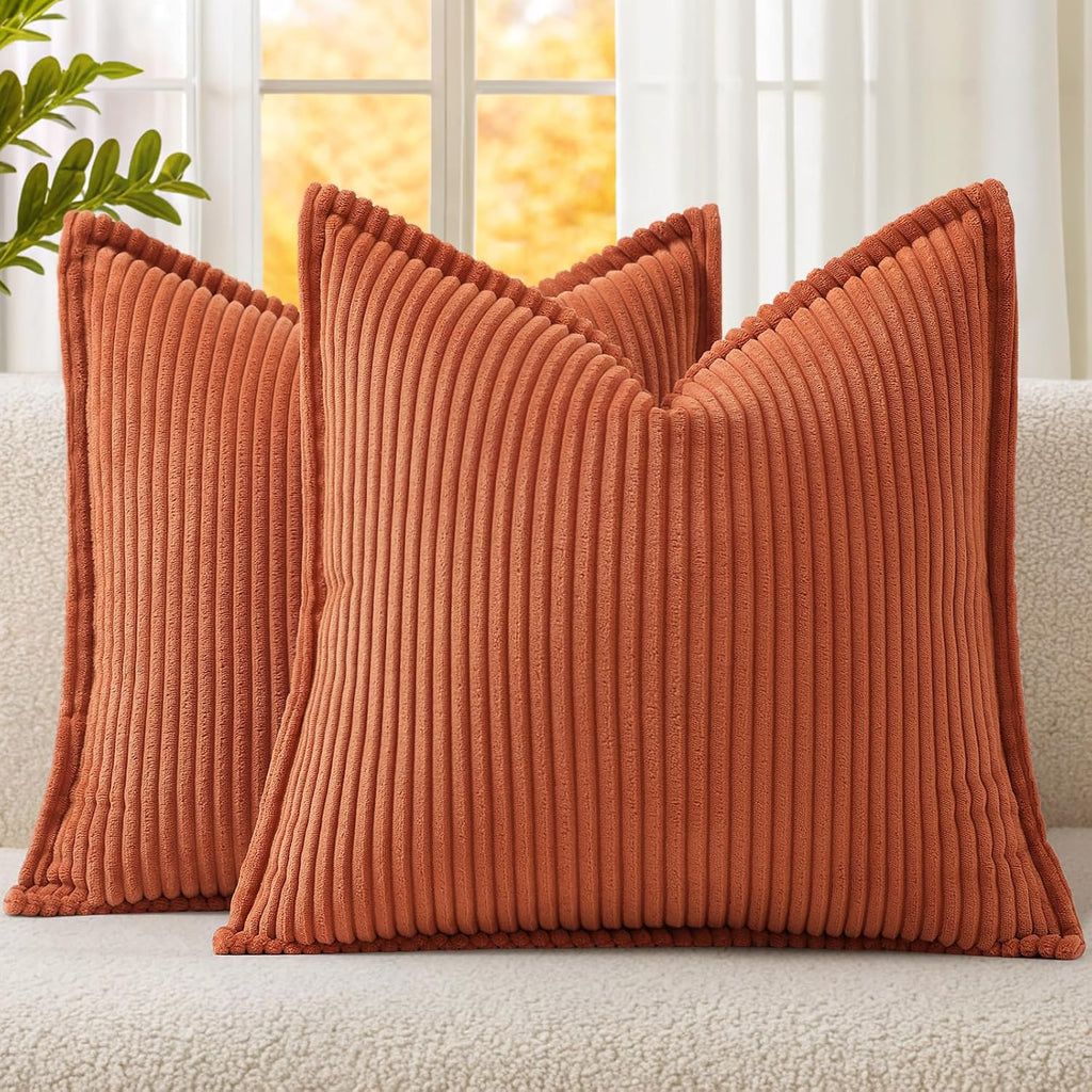 Mecatny Corduroy Summer Throw Pillow Covers 26x26 Set of 2, Neutral Decorative Soft Burnt Orange Boho Couch Pillow Covers with Broadside…