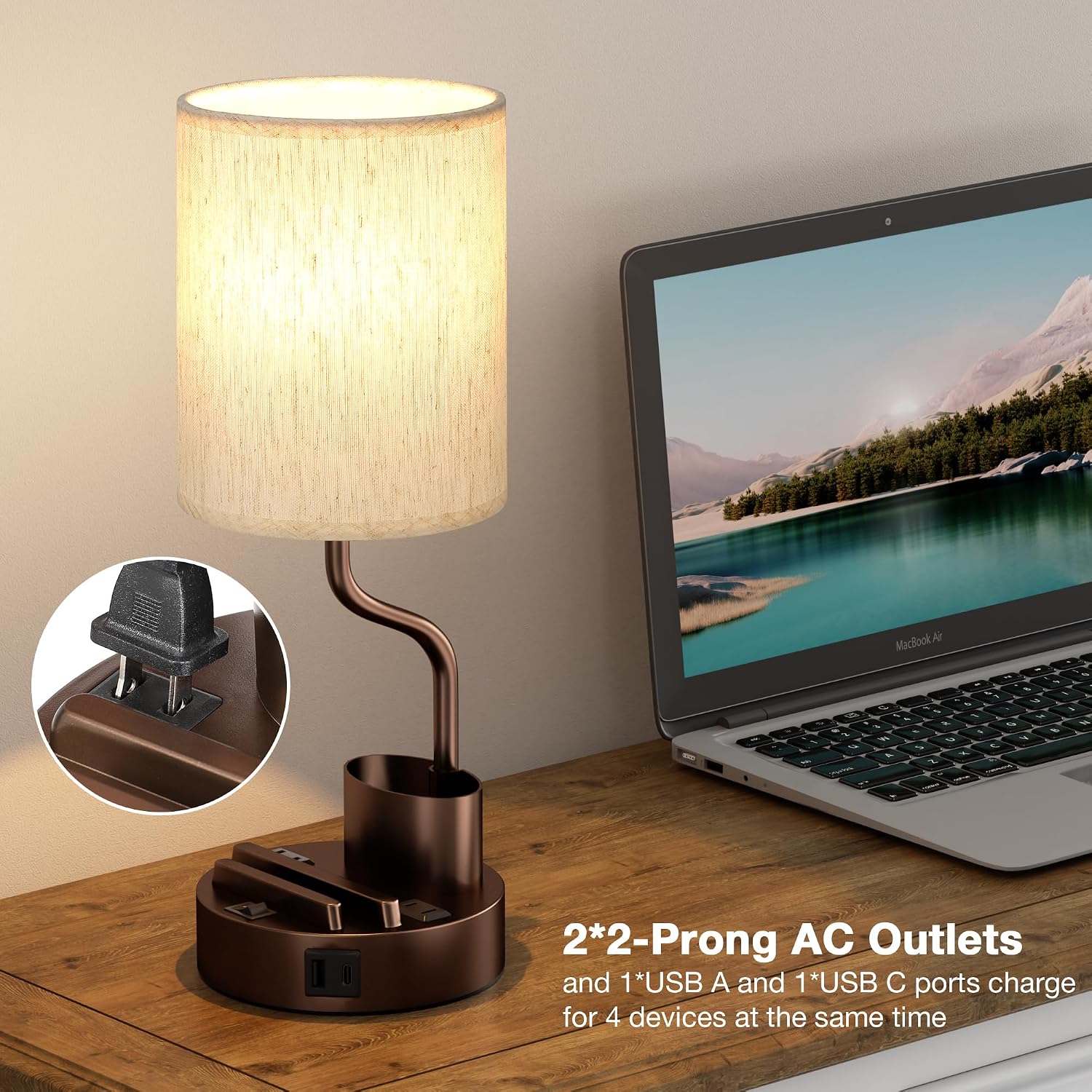 Bedside Table Lamps for Bedroom Set of 2 - Nightstand Lamp with AC Outlet Charging Port and USB A C, 3 Color Temperatures, Included Phone…