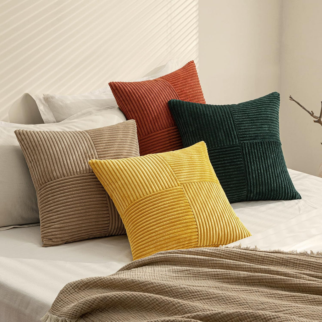 Miulee Green Rust Throw Pillow Covers 18x18 Inch Set of 4 Boho Farmhouse Soft Corduroy Striped Cushion Cases Decorative Color-Clash Home De…