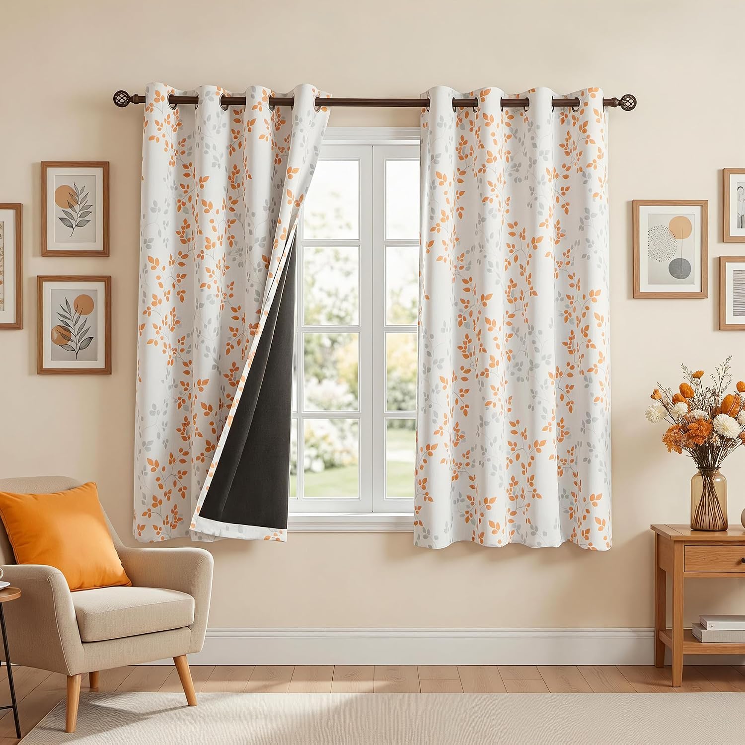 Meetsky 95% Blackout Curtains for Bedroom - Orange Curtains 63 inch Length Leaf Patterned for Living Room, Thermal Insulated Nursery Drapes…