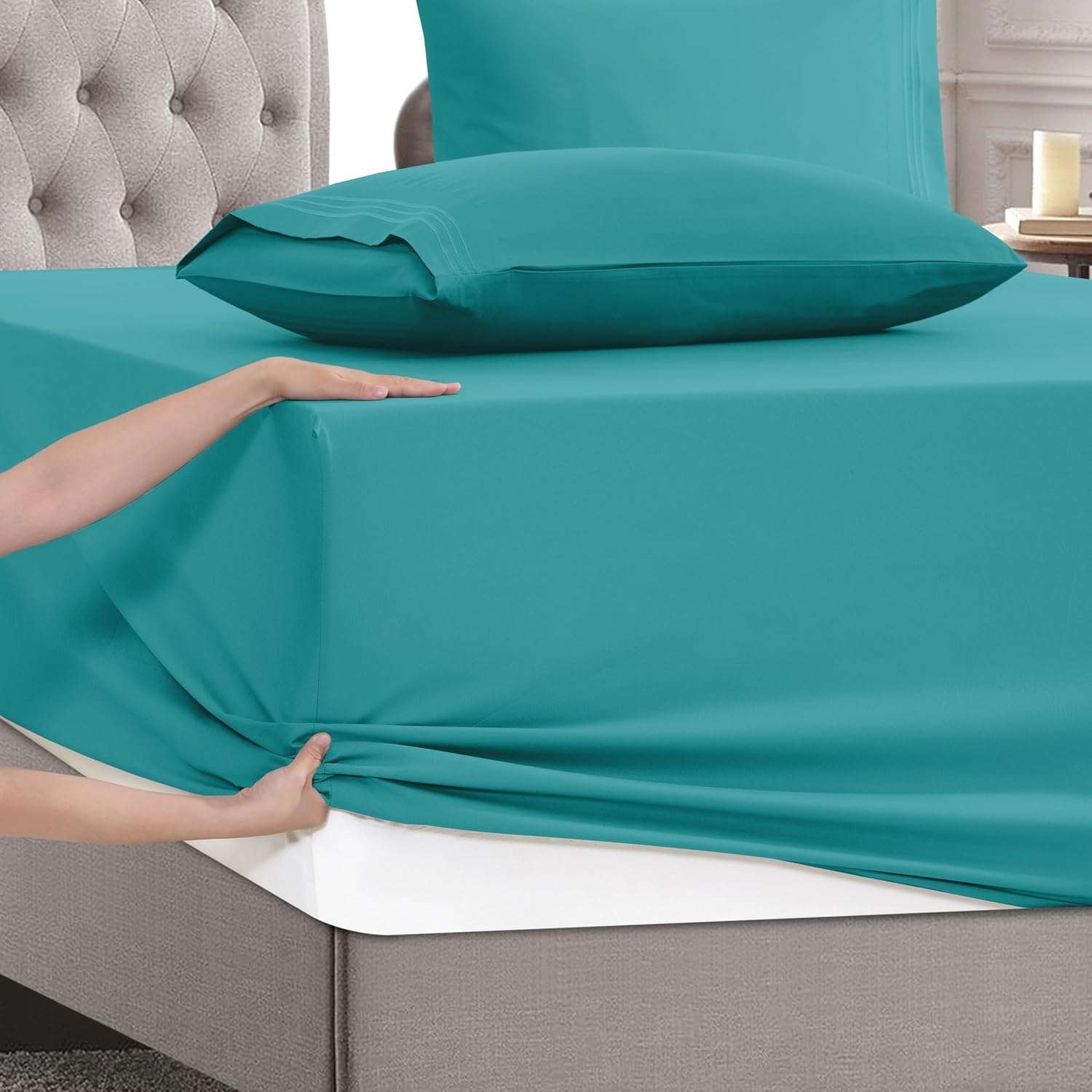 MocassiLuxuryBedding Mocassi King Size 4-Piece Bed Sheet Set - 1800 Hotel Quality Microfiber 18-24 Inches Extra Deep Pocket Fitted Sheet- L…
