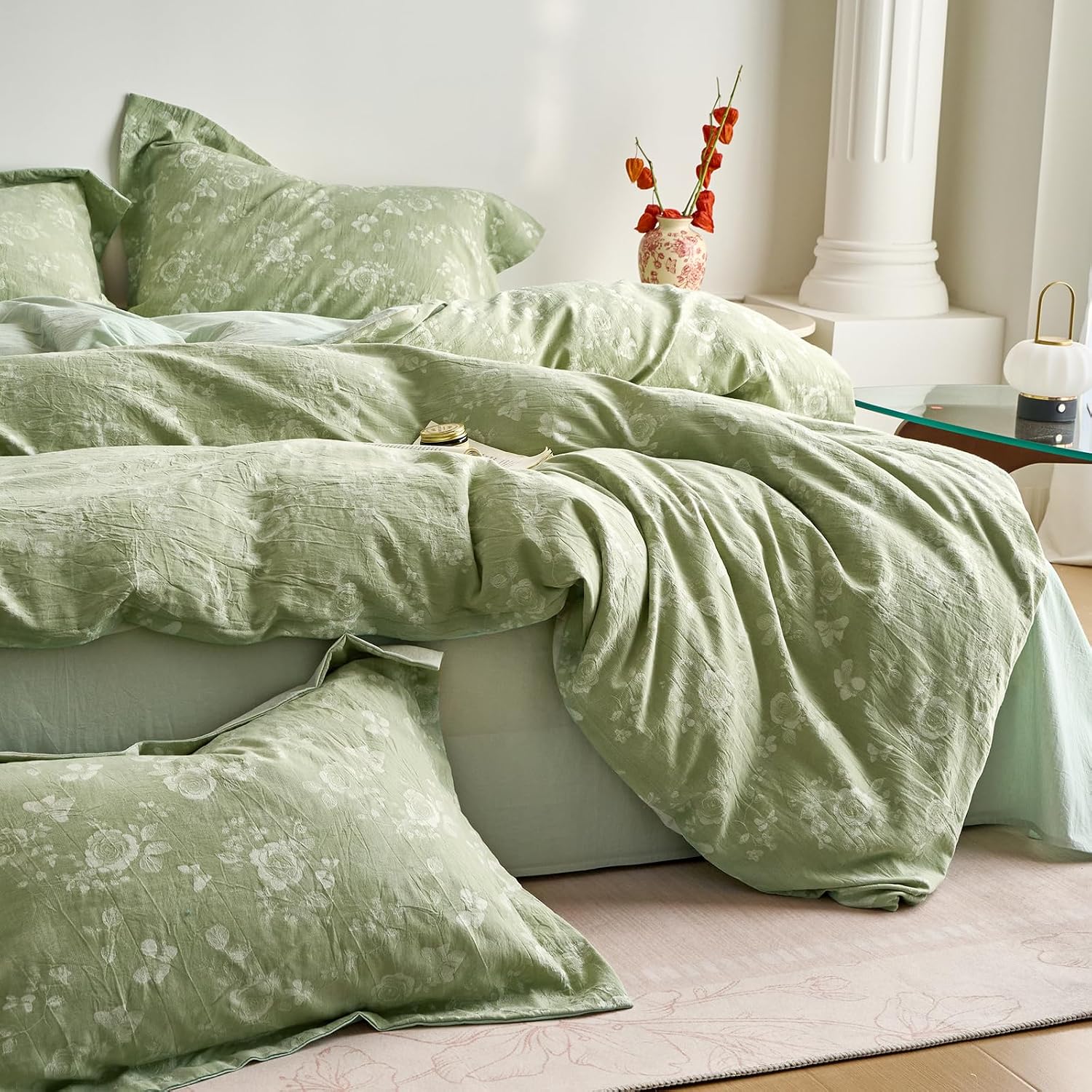 mixinni 100% Washed Cotton Cover Set, Reversible Vintage Green Floral Butterfly Jacquard Textured Comforter Cover, Boho Farmhouse Bedding S…