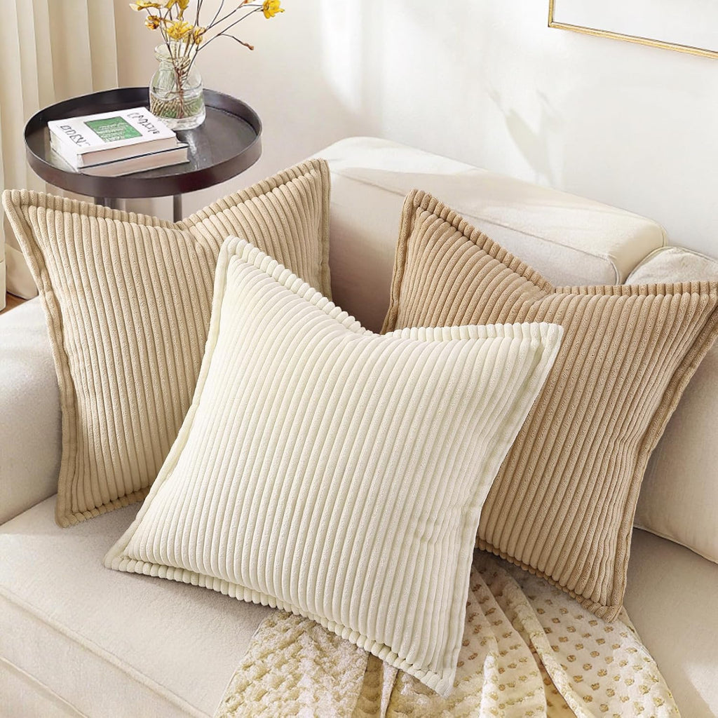 decorUhome Summer Corduroy Cream White Euro Sham Throw Pillow Covers 26x26 Set of 2 Decorative Soft Boho Farmhouse Couch Pillow Covers for…