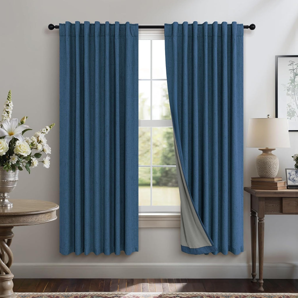 Pitalk Navy Blue Black Out Curtains 63 Inch Long 2 Panel Burg Linen Textured Thermal Insulated Total Blackout Window Shades Soundproof Dark…