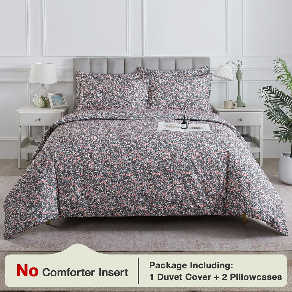 Puralens Dark Grey Vintage Floral Duvet Cover, King 100% Cotton Percale Pink Flower Comforter Cover Set, Shabby Chic Reversible Toile Bed C…