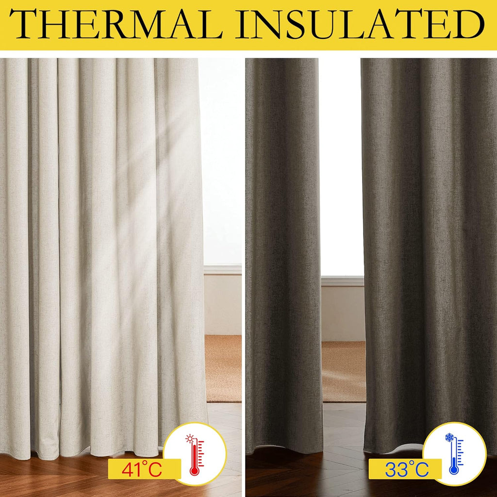 NICETOWN 100% Blackout Linen Texture Curtains 90" Long, Beige, 2 Pcs, Thermal Insulated Full Blackout 2-Layer Lined Drapes, Energy…