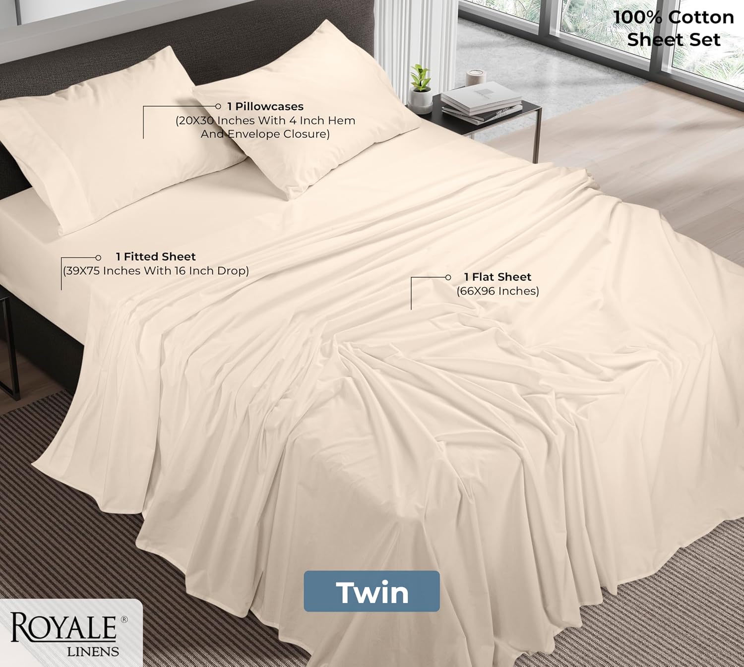 Royalelinens ROYALE LINENS 100% Organic Cotton Twin Sheet Set - Percale Weave - 3 Pieces Set - 1 Flat, 1 Deep Pocket Fitted Sheet and 1 Pil…