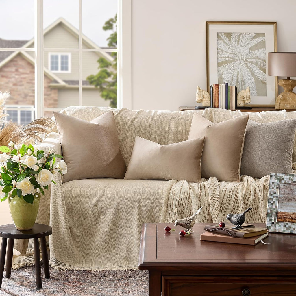 GIGIZAZAFocusingonhomedecoration GIGIZAZA Decorative Throw Pillow Covers 18x18, Set of 2 Taupe Square Couch Pillow Covers, Velvet Sofa Boho C…