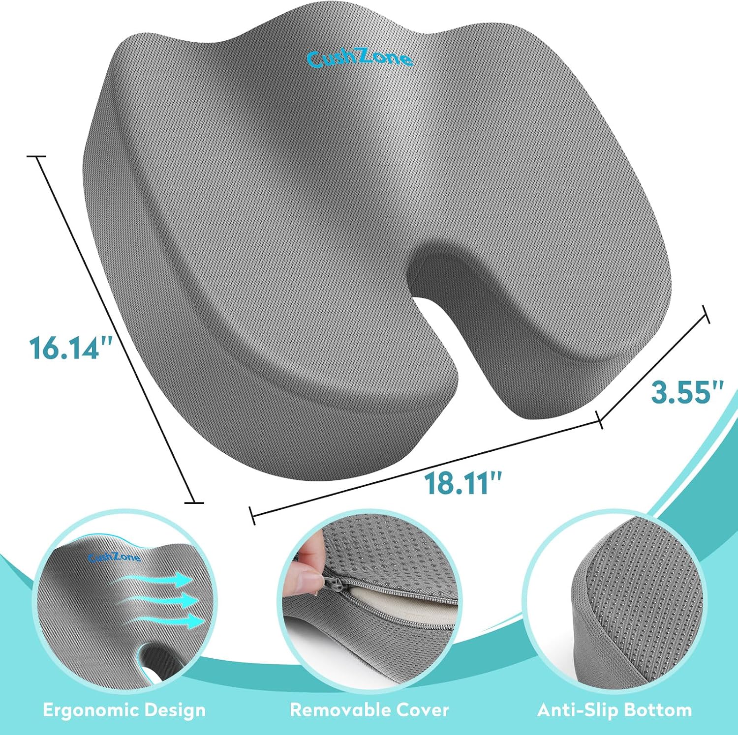 CushZone Office Chair Seat Cushion, Cooling Gel Enhanced Memory Foam Cushion for Long Sitting - Back, Sciatica, Coccyx, Tailbone Pillow - f…