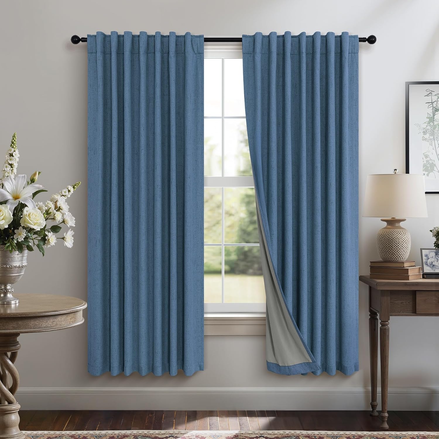 Pitalk Denim Blue Living Room Darkening Curtains 72 Inches Long 2 Panels Set Faux Linen Cute Black Out Window Drapes for Bedroom Insulated…