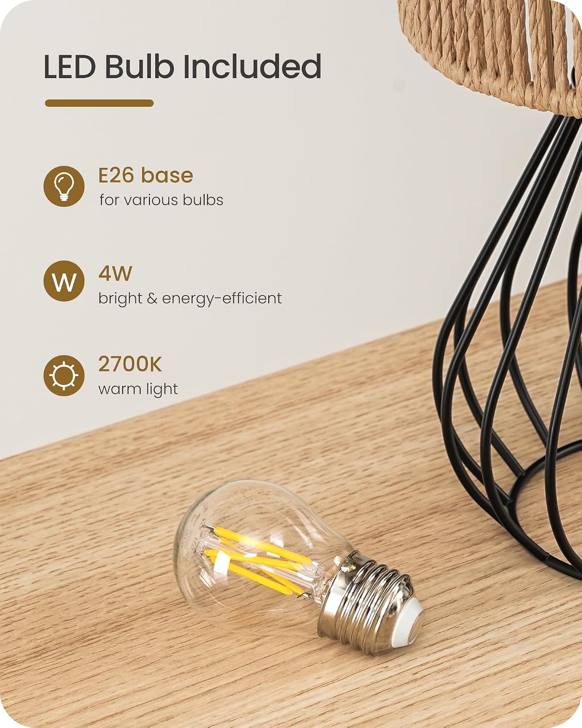 Rattan Table Lamp, Boho Table Lamp, Small Bedside Lamp, Handwoven Paper Lampshade, 2700K LED Bulb Included, Boho Desk Lamp, Modern…