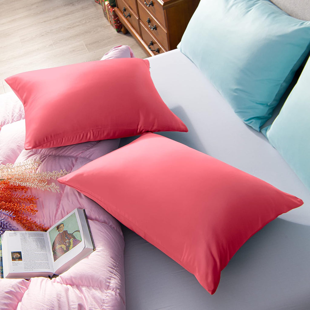 Ntbay Zippered Satin Pillow Cases for Hair and Skin, Luxury Standard Hidden Zipper Pillowcases Set of 2, 20x26 Inches, Coral Pink 26 Inches…
