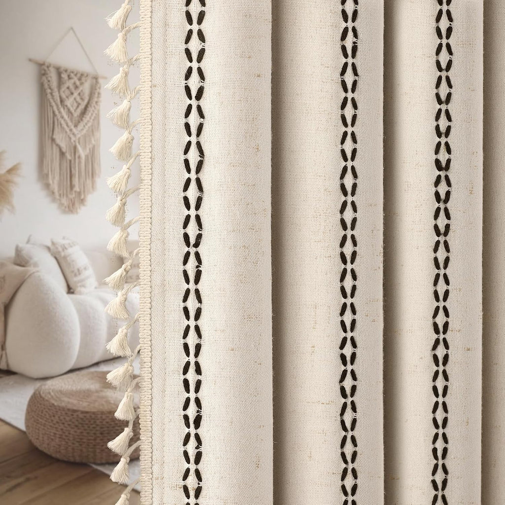 XOGUIBO Beige Boho Blackout Curtains 2 Panels 84 Inch for Living Room Bedroom, Linen Texture Farmhouse Curtains with Tassels and Bla…