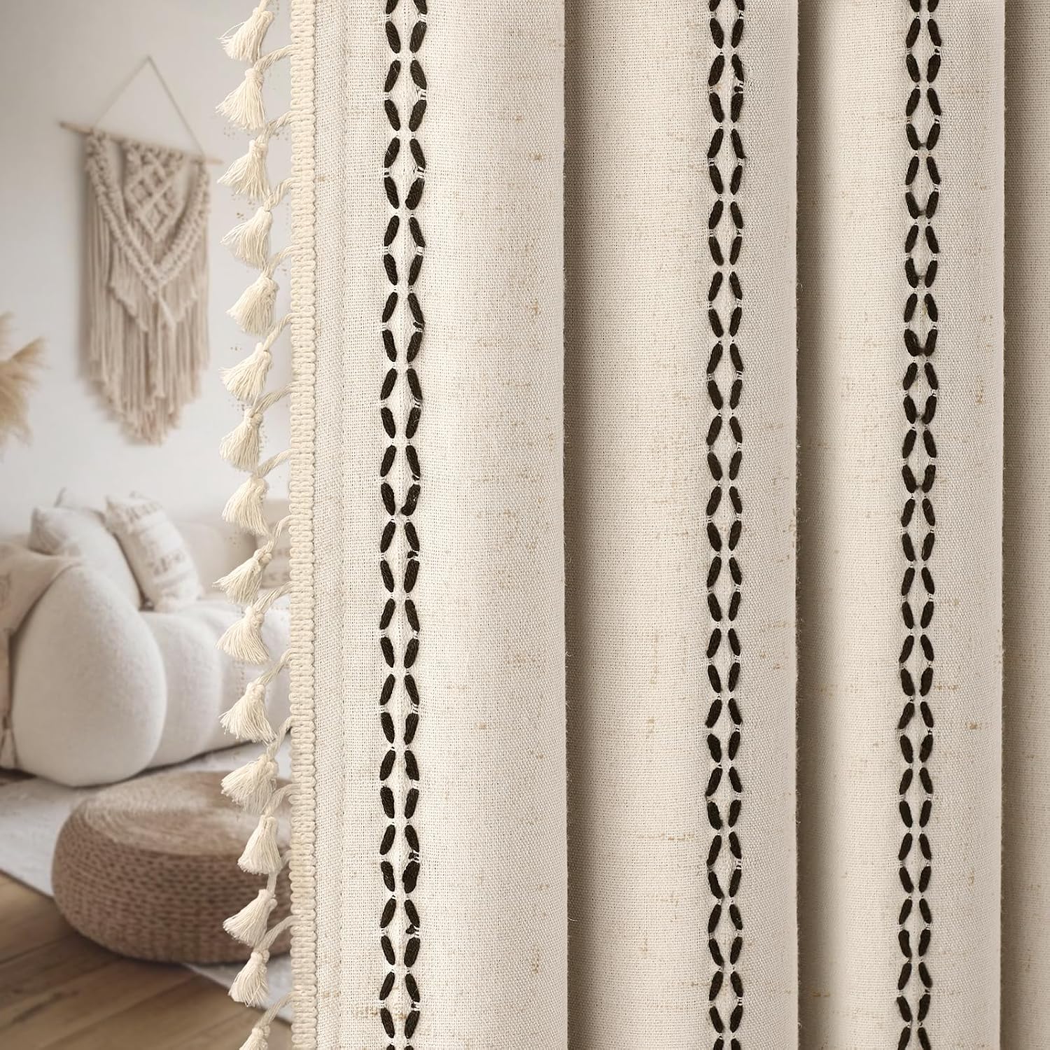 XOGUIBO Beige Boho Blackout Curtains 2 Panels 84 Inch for Living Room Bedroom, Linen Texture Farmhouse Curtains with Tassels and Bla…