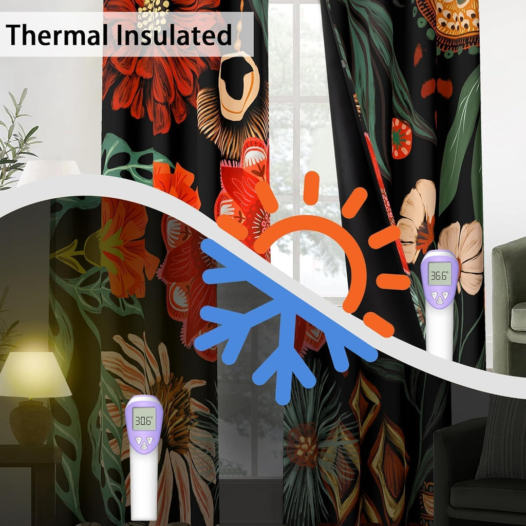 Tyrot Black Red Boho Floral 100% Blackout Curtains for Living Room 84 inch Long 2 Panels Christmas Black Out Curtains for Bedroom Grommet…