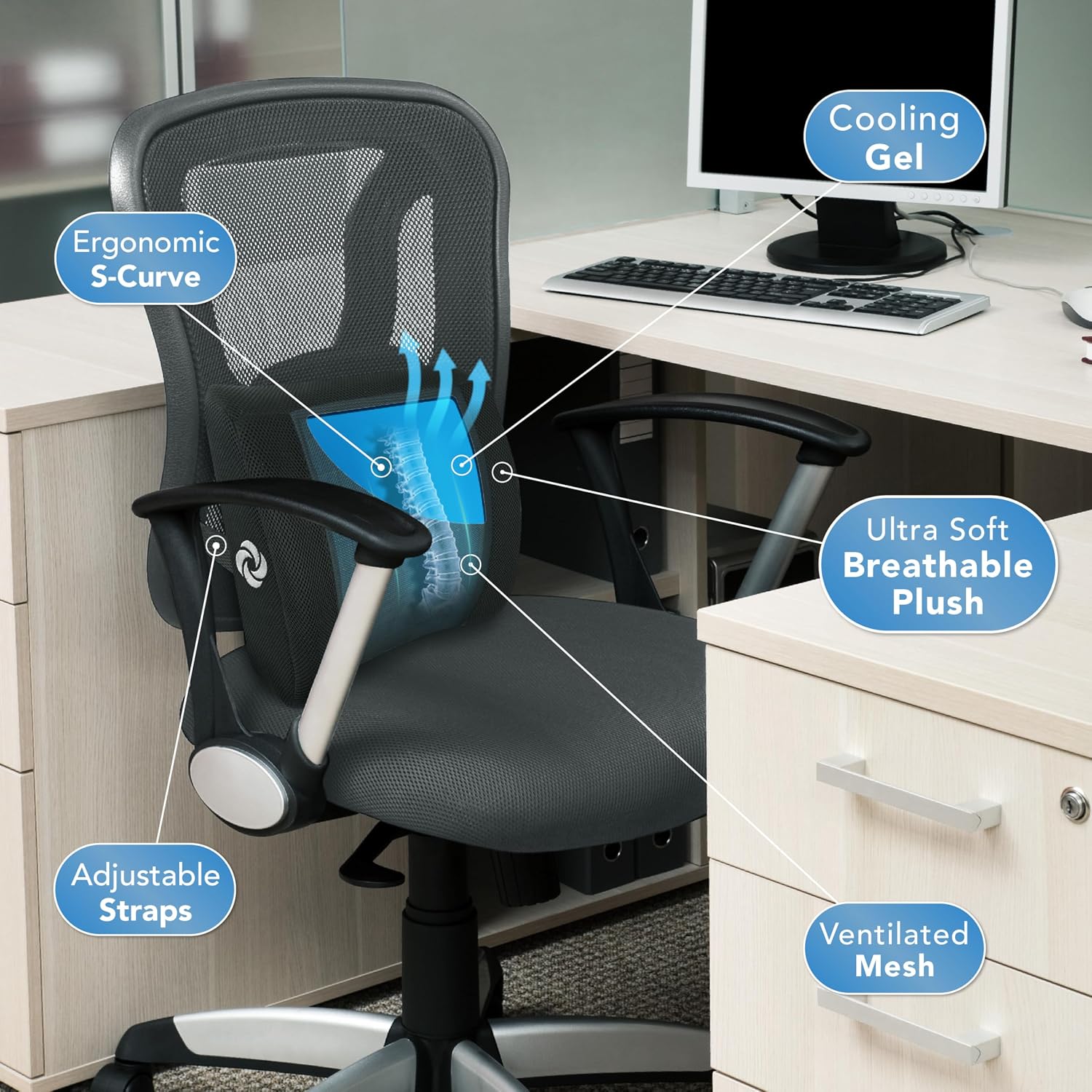 Samsonite Cooling Memory Foam Lumbar Support Pillow for Office Chair, Gaming Chair & Car Seat Automotive Ergonomic Back Cushion, Home…