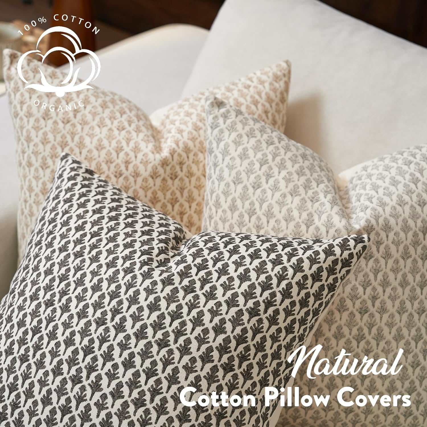 Fiouovohome FIOUOVO Floral Pillow Covers 18x18 Pillow Cover Block Print Couch Pillows for Living Room Decorative Neutral Accent Throw Pillo…