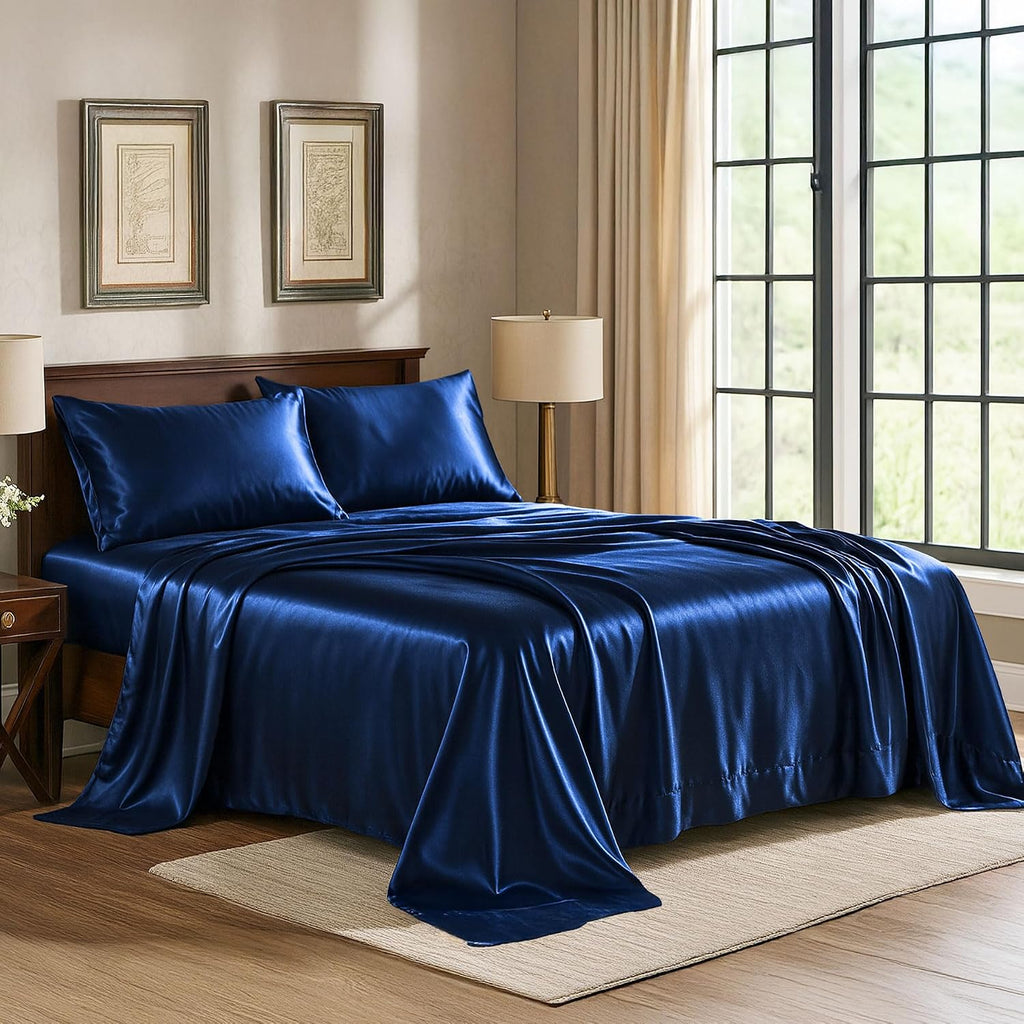 PureBedding Pure Bedding Satin Sheets Full [4-Piece, Navy] Hotel Luxury Silky Bed Sheets - Extra Soft 1800 Microfiber Sheet Set, Wrinkle, F…