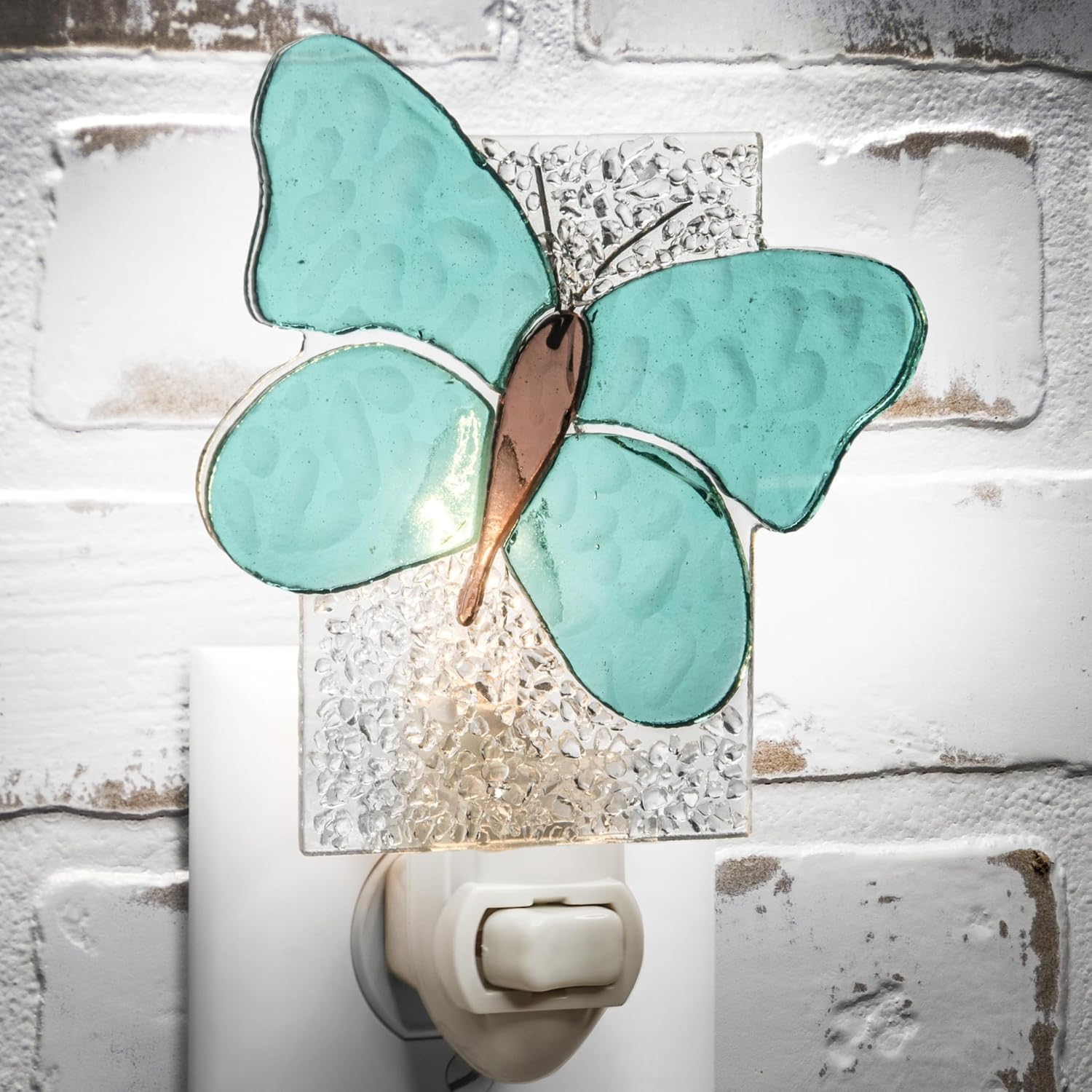 J Devlin Glass Art Stained Glass Butterfly Night Light, Aqua Blue, Decorative Fused Glass Plug-in Nightlight for Bedroom, Bathroom…