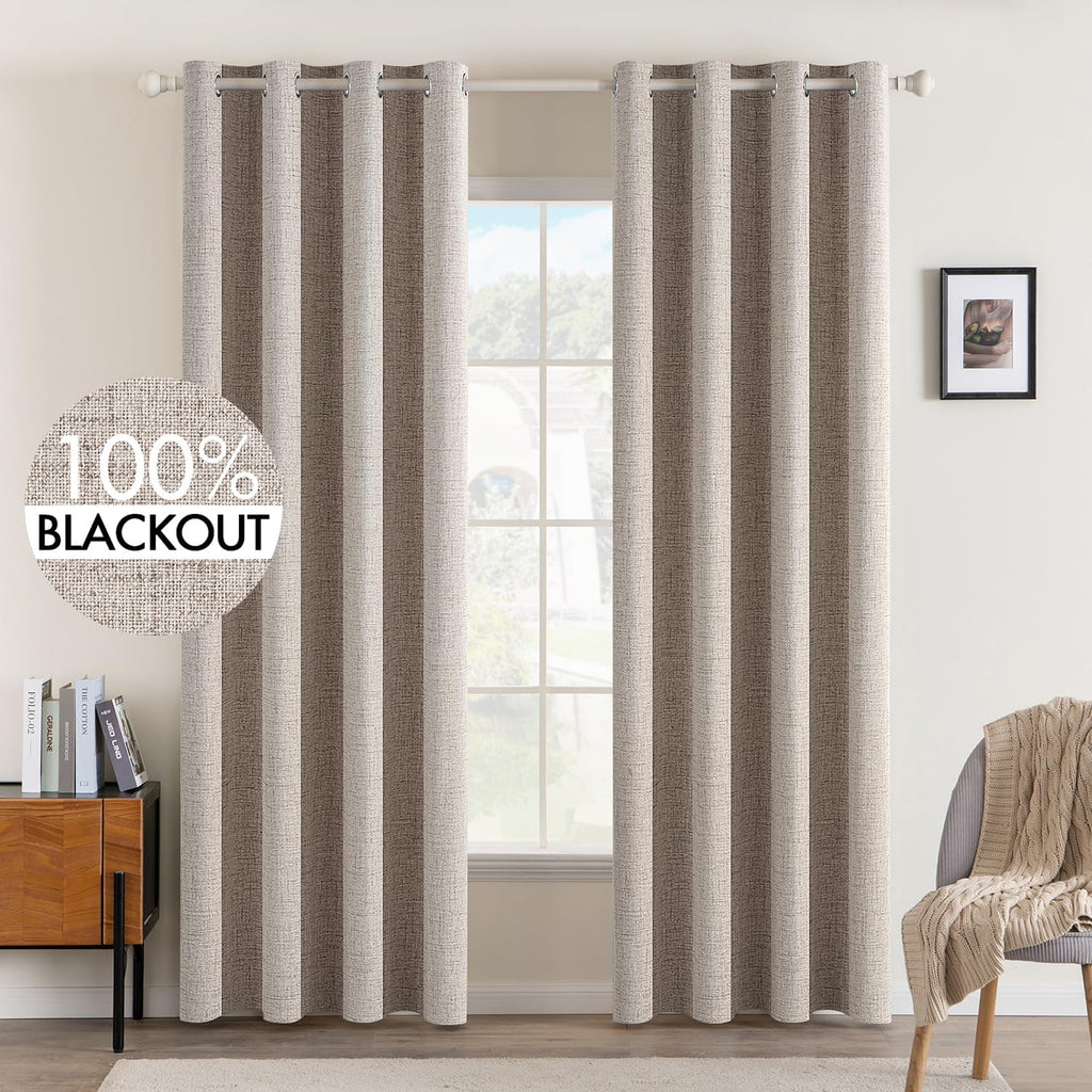 Miulee Linen Texture Curtains for Bedroom Solid 100% Blackout Thermal Insulated Khaki Curtains Grommet Room Darkening Drapes for Living Roo…