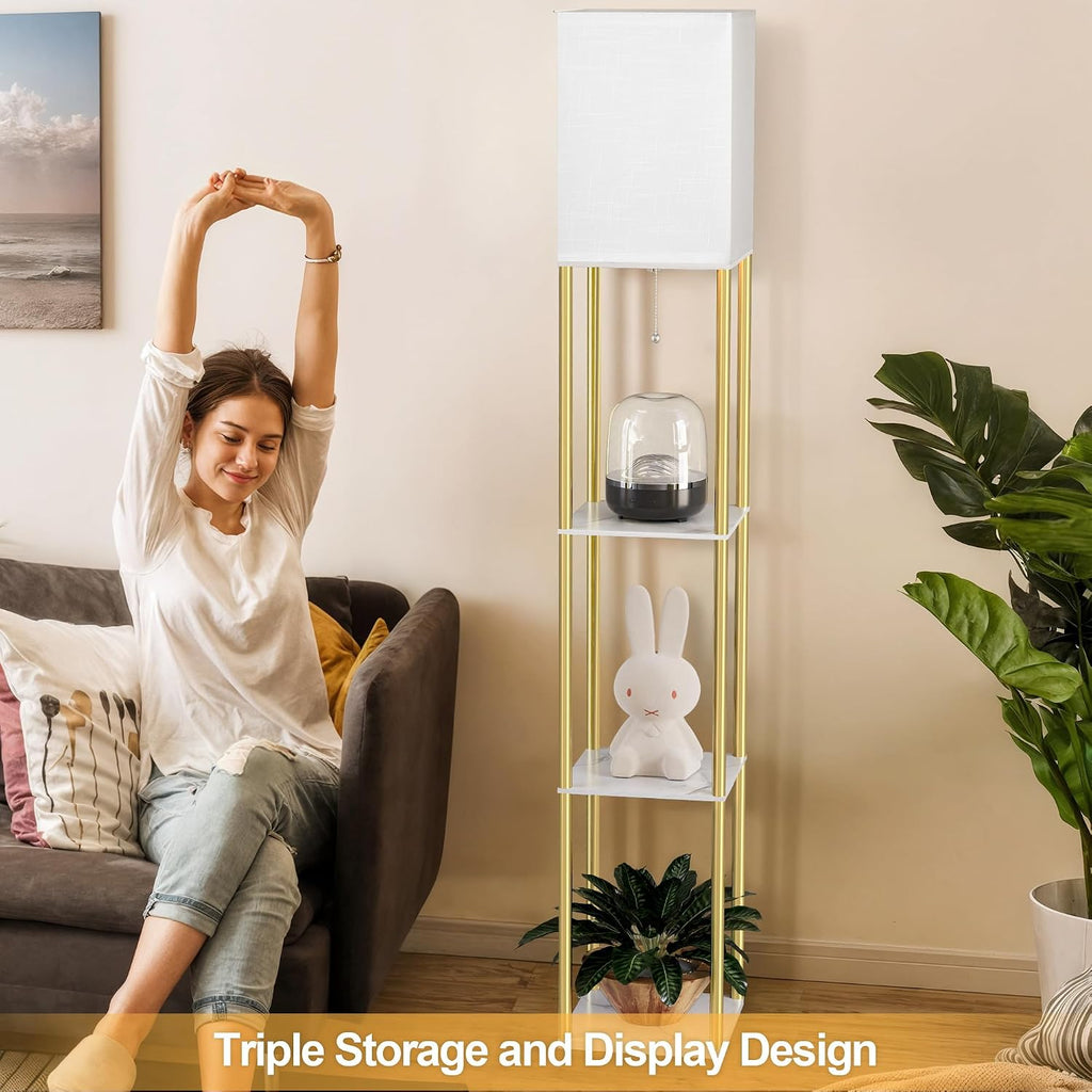 Floor Lamp with Shelves, Modern Corner Display Standing Column Shelf Lamp Etagere Organizer Tower Nightstand with White Linen Shade for…