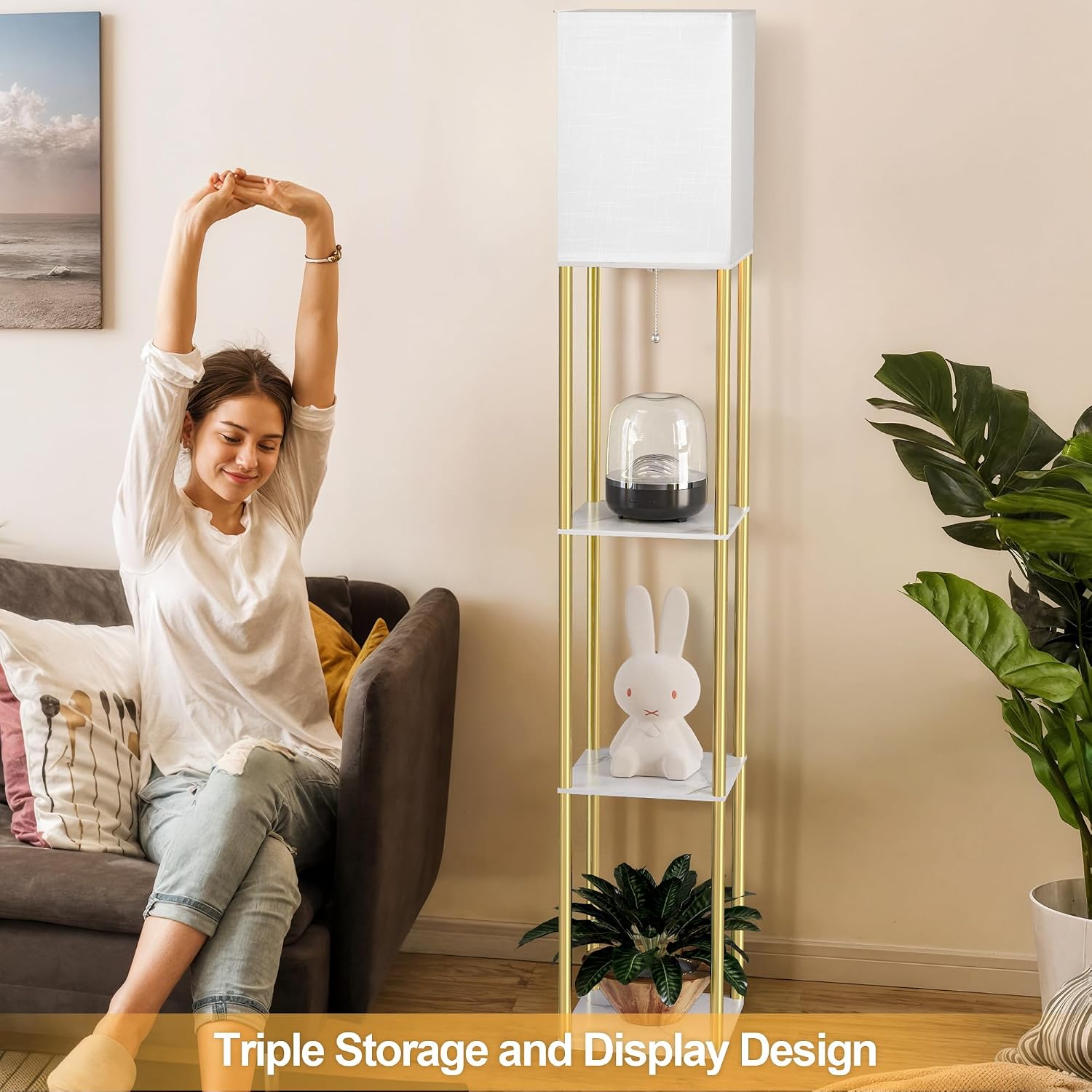 Floor Lamp with Shelves, Modern Corner Display Standing Column Shelf Lamp Etagere Organizer Tower Nightstand with White Linen Shade for…
