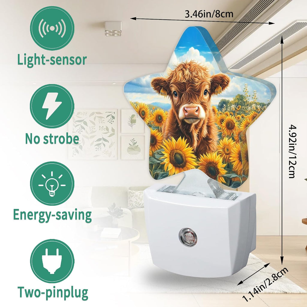 Highland Cow Star Night Light Plug in, Decorative Night Light for Kids Room Nursery Bedroom, Soft Glow Sensor Lamp for Hallway Bathroom…