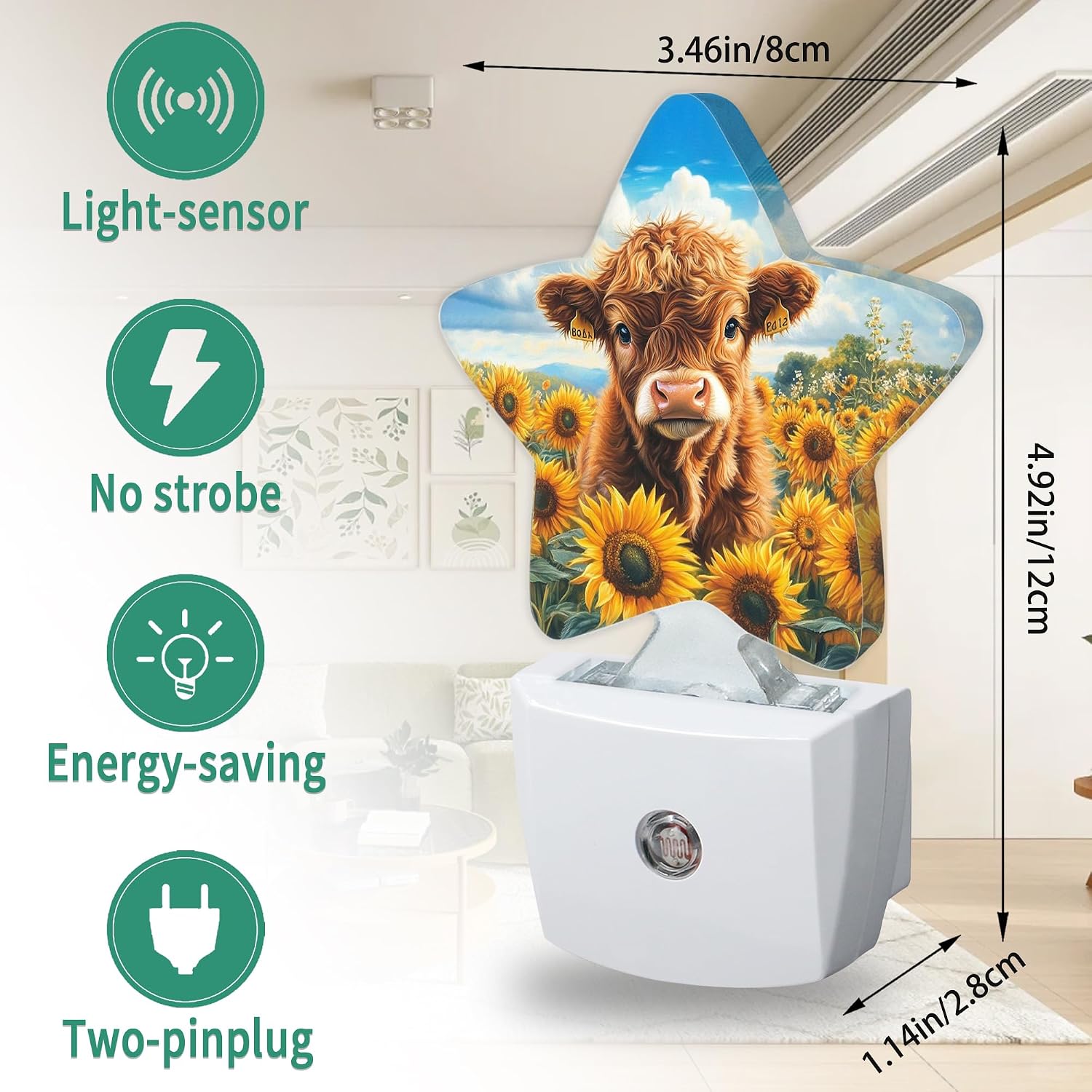 Highland Cow Star Night Light Plug in, Decorative Night Light for Kids Room Nursery Bedroom, Soft Glow Sensor Lamp for Hallway Bathroom…