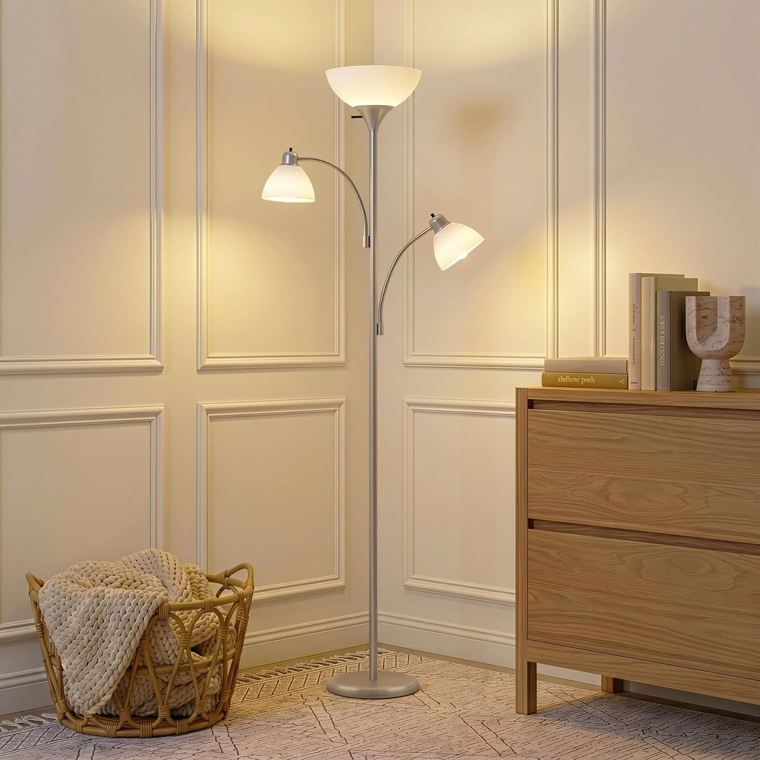 Brightech Sky Dome Double LED Floor lamp, Torchiere Super Bright Floor Lamp with 2 Reading Lamps for Living Rooms & Offices - Dimmable…