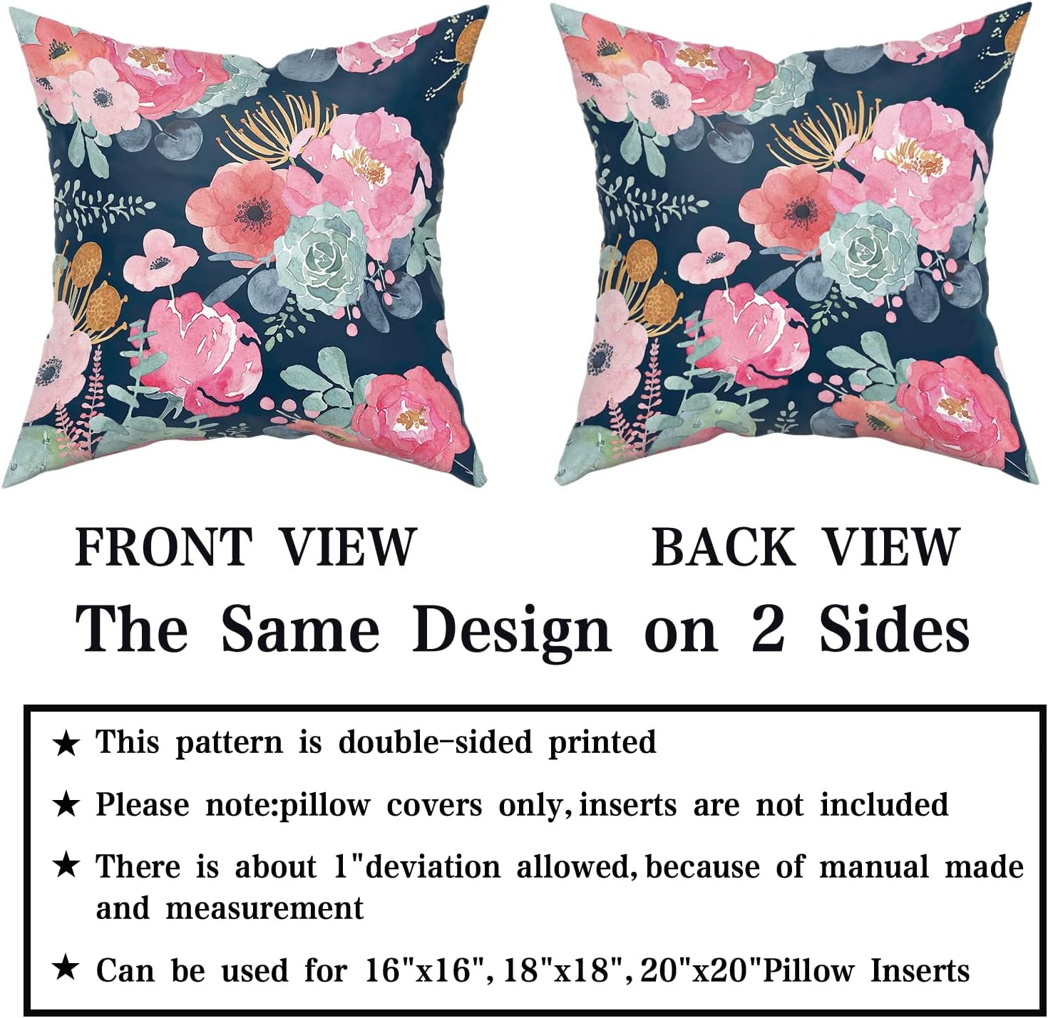 Granbey Watercolor Flower Throw Pillow Cover 24x24 Inch Pink Peony Floral with Green Leaf Decorative Pillow Cases Summer Navy Blue Cushion…