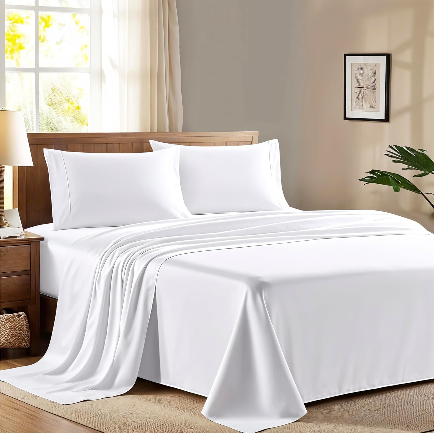 AshtonSheets 100% Egyptian Cotton Queen Size Sheet Set - 600 Series Refined Collection Sheets Set for Queen Size Bed (4 PC, White), Soft, C…