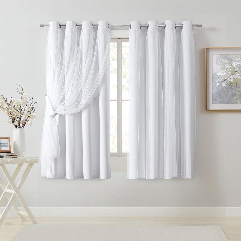 Bujasso White Full Blackout Curtain Panels with Sheer Overlay Mix and Match Double Layer Thermal Insulated Window Treatment Set for Living…