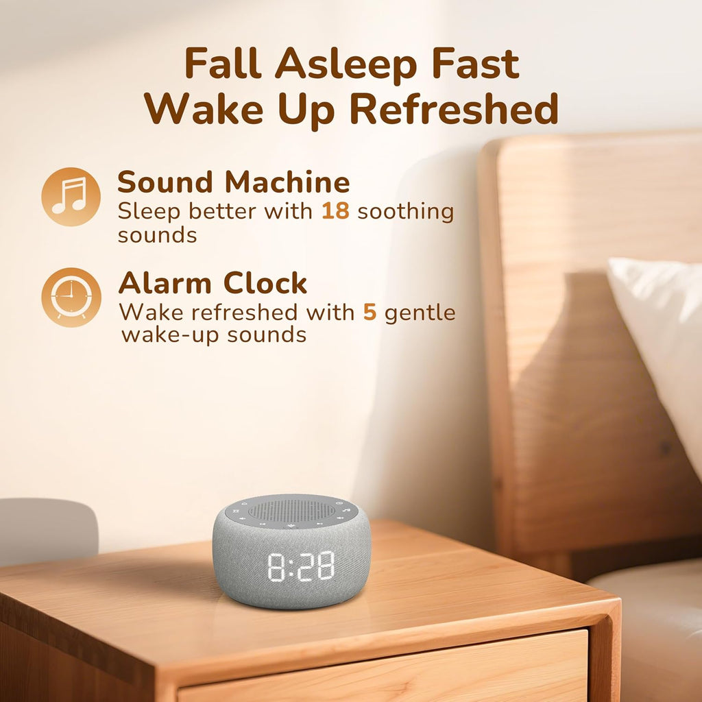 Buffbee Alarm Clock with Sound Machine for Bedrooms – 2-in-1 White Noise Machine for Sleep, Gentle Wake-Up with Soft Alarm Sounds…